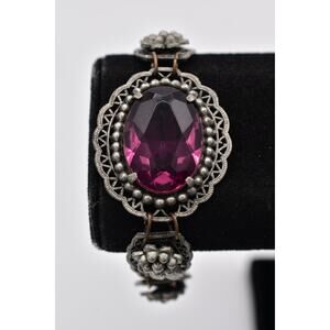 Vintage Purple Bezel Crystal Floral Bracelet Antiqued Silver Metal 1940s BinO